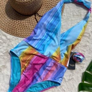 RACHEL Rachel Roy Ombre Stripe Printed Halter One Piece Swimsuit